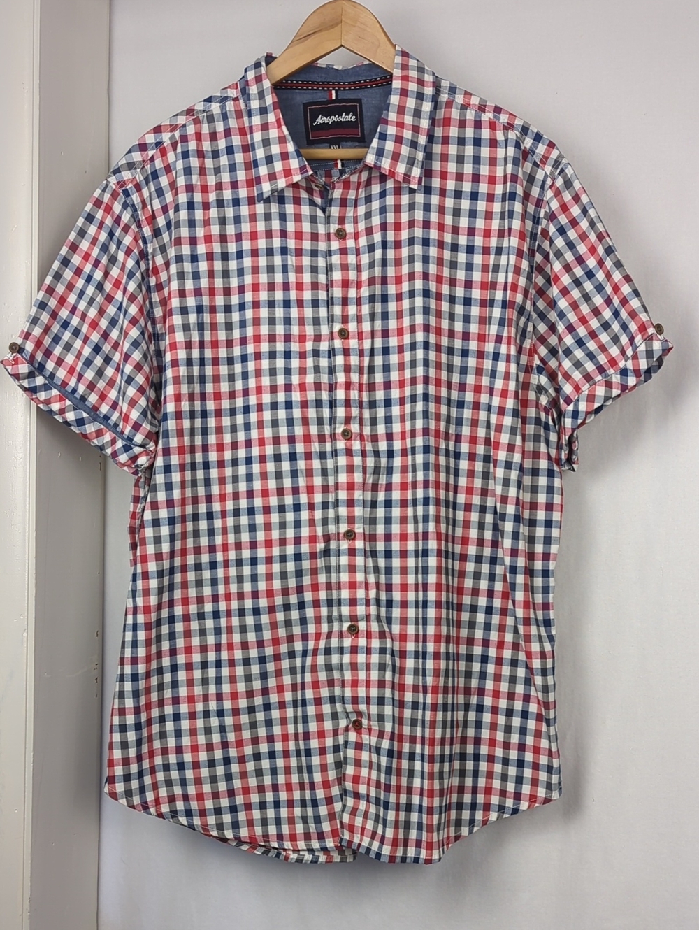 AEROPOSTLE Men's XXL Red White & Blue Check Short-Sleeve Shirt